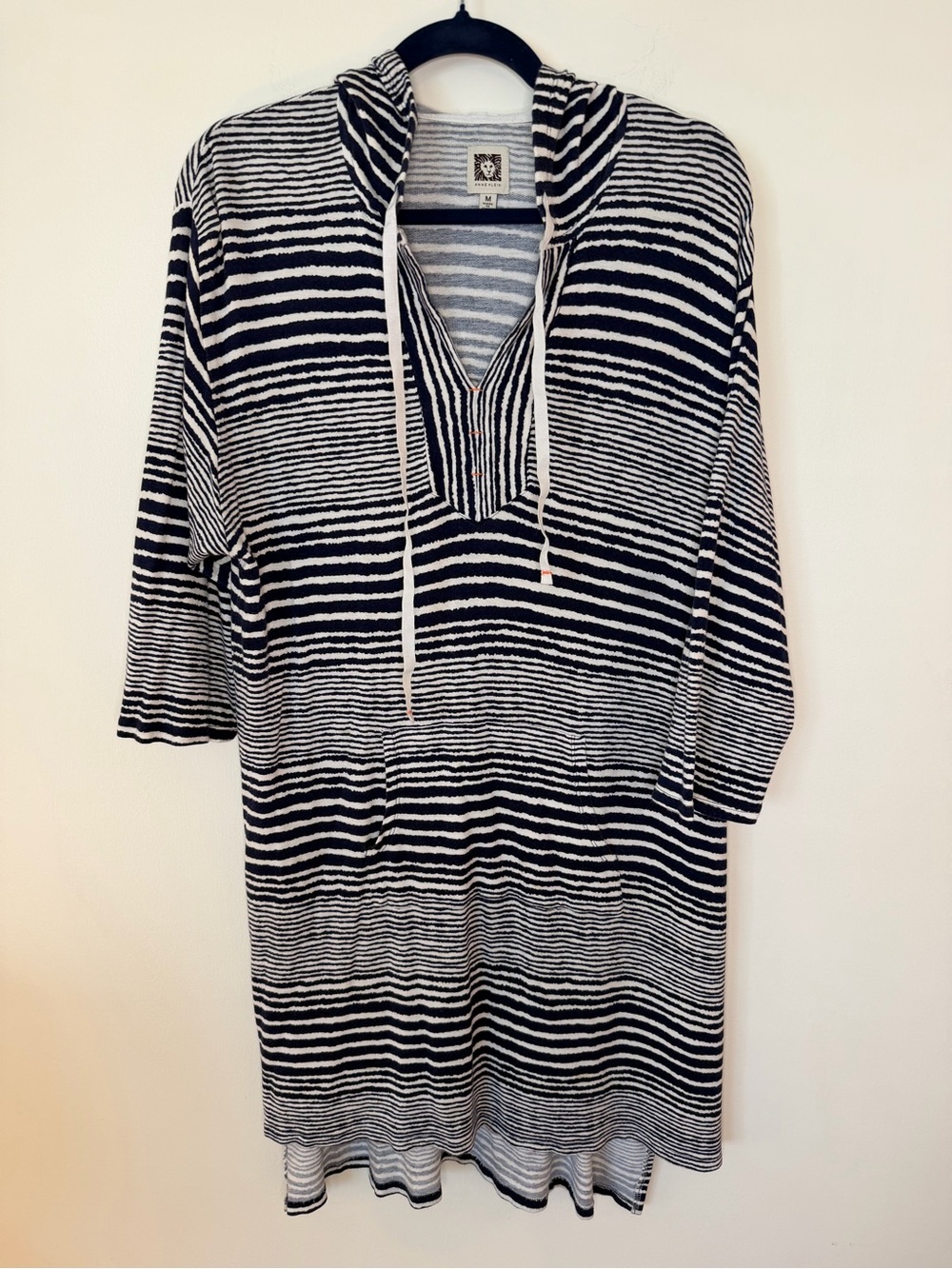 Anne Klein Navy and White Striped Hooded Swim Coverup size medium hooded soft